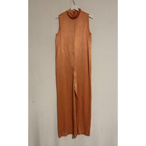 Sally Lapointe Jumpsuit 6 Orange Satin Wide Leg Sleeveless Mock Neck